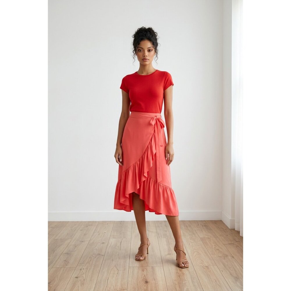 NEW Ann Taylor Petite Flounce Wrap Midi Skirt Coral Pink Size 2P Feminine Style